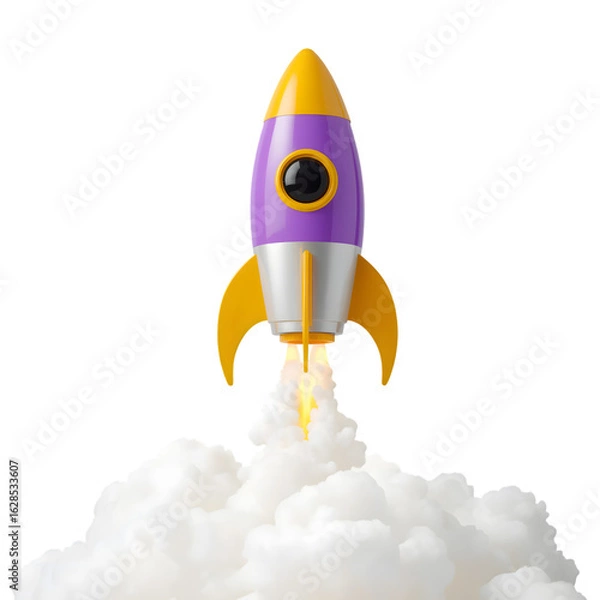 Fototapeta Purple and yellow rocket launching with smoke isolated on transparent background
