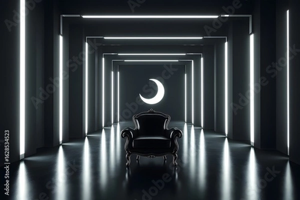 Fototapeta Dark hallway with ornate chair and crescent moon neon lights