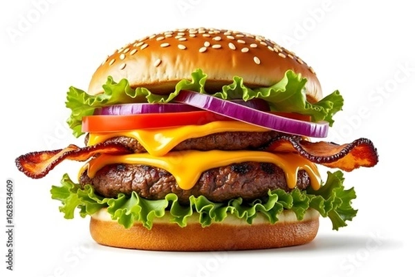 Fototapeta Double cheeseburger with bacon and fresh toppings double burger