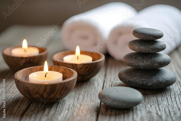Fototapeta Three lit candles in wooden bowls with stacked stones and rolled towels
