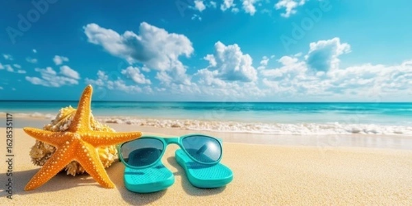 Fototapeta Beautiful colorful background for a summer beach holiday. Sunglasses, starfish, turquoise, summer holiday concept