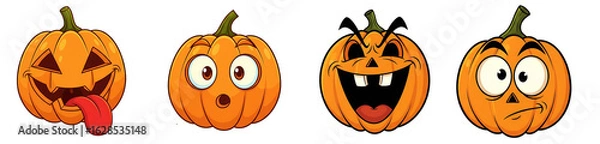 Obraz Four cartoon halloween pumpkins with different funny faces isolated on transparent background