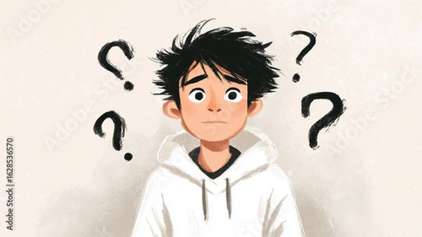 Fototapeta 少年が疑問の表情を浮かべるミニマルイラスト