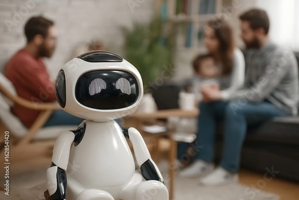 Fototapeta A small white robot sits in a living room with a family
