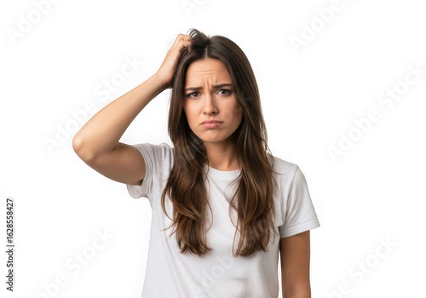 Fototapeta Confused woman scratching head portrait isolated on transparent background