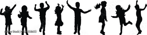 Fototapeta Children silhouette set, playful poses, jumping and dancing kids, energetic movement, black figures, body language, vector illustration, childhood activity