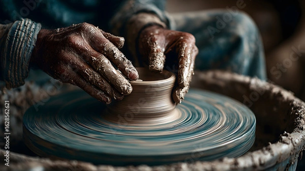 Fototapeta Close-up of artisan hands shaping clay on a spinning pottery wheel	