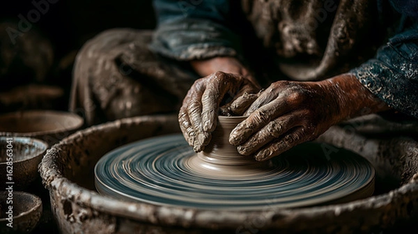 Fototapeta Close-up of artisan hands shaping clay on a spinning pottery wheel	