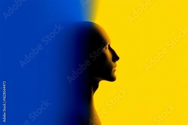 Obraz Vertical 4K abstract wallpaper with human head silhouette fading from vibrant yellow to deep blue, symbolizing mood, thought transition, personal transformation, modern conceptual design
