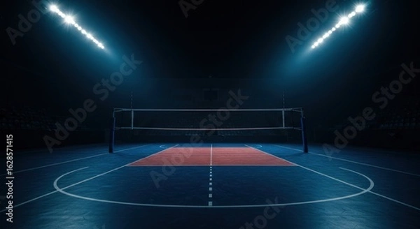 Fototapeta An empty volleyball court with a net and bright spotlights illuminating the blue and red playing surface.