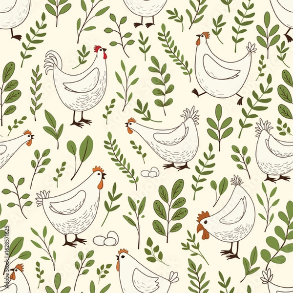 Fototapeta Seamless pattern with cute cartoon chickens  on white background