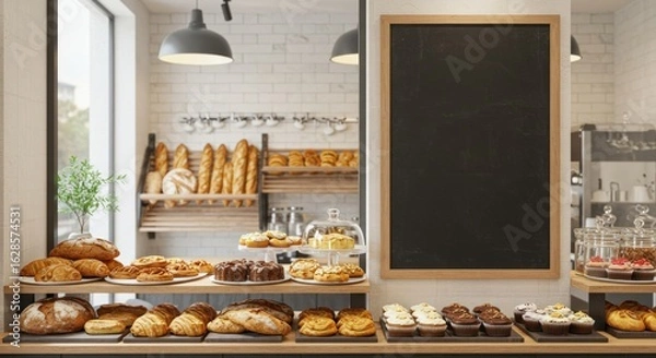 Fototapeta A modern bakery showcases freshly baked bread, pastries, and cakes, displayed invitingly on shelves and under glass.