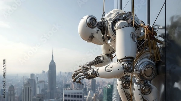 Fototapeta A futuristic robot cleans windows on a skyscraper overlooking the new york city skyline