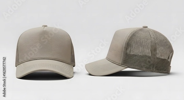 Fototapeta beige color trucker cap mockup, front and side view