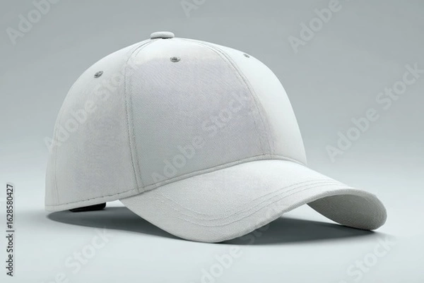 Fototapeta A pristine white baseball cap, angled to the viewer, sits on a neutral background