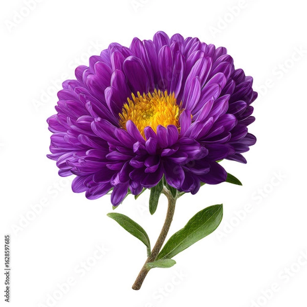 Fototapeta A vibrant purple aster flower with a bright yellow center and green leaves isolated on transparent background