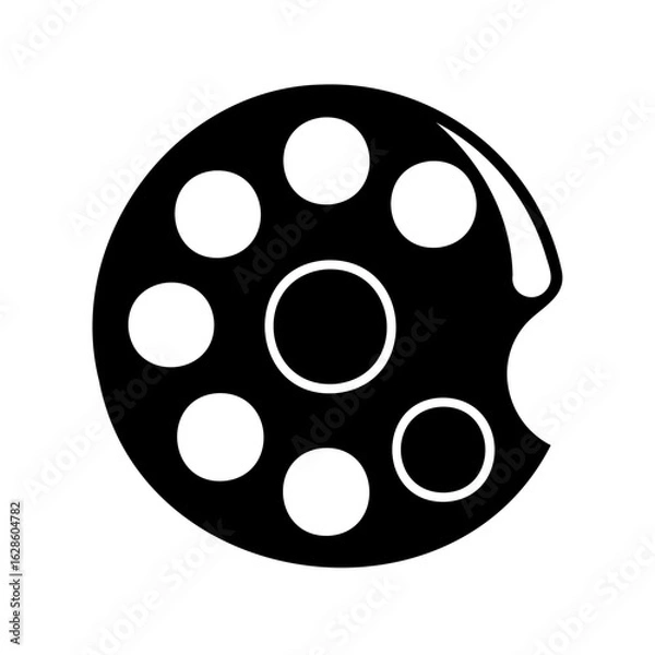 Fototapeta A simple black and white illustration of a circular film reel with seven white circles and one outer circle removed