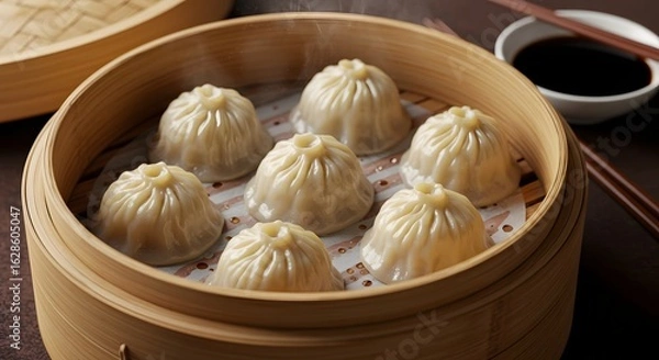 Obraz Xiaolongbao dumplings ready to eat, steaming inside bamboo steamer - Chinese food