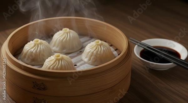 Obraz Steaming xiaolongbao dumplings served fresh in bamboo steamer - Chinese food