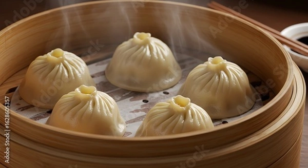 Obraz xiaolongbao dumpling fresh from the bamboo steamer - Chinese food