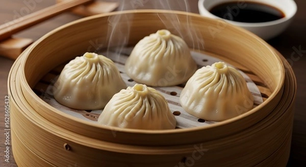 Obraz Steaming xiaolongbao dumplings in bamboo steamer - Chinese food