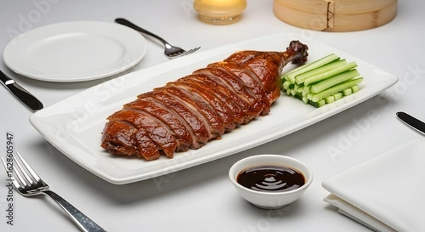 Obraz Sliced Peking duck served with hoisin sauce and vegetables - Chinese food