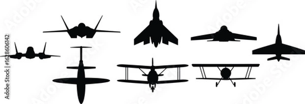 Fototapeta Front View Military Aircraft Silhouettes – Fighter Jets, Propeller Planes, Stealth Designs, Classic and Modern Aviation Icons in Vector Style