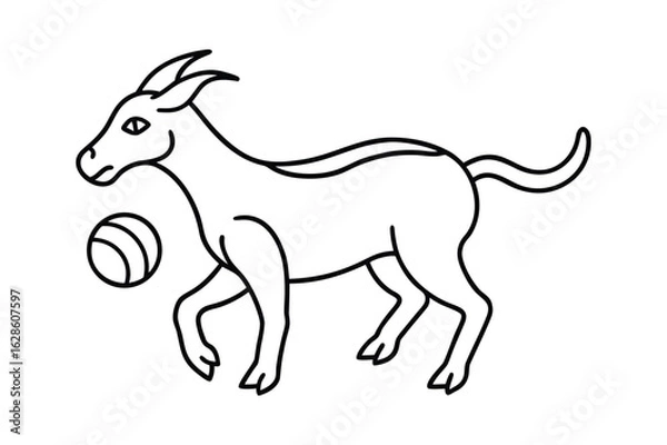 Fototapeta Stylized Depiction of a Four Legged Animal with Curved Horns, Alongside a Ball, Black Outline on White Background
