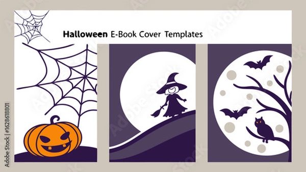 Fototapeta Three halloween themed illustrations featuring a pumpkin, witch, bats and owl against a moon background