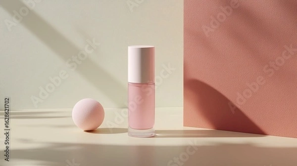 Fototapeta Minimalist Composition Featuring Pink Bottle, Sphere, and Textured Backgrounds with Shadows