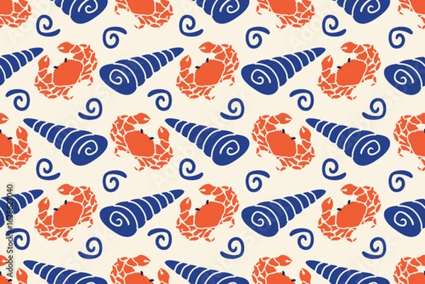 Fototapeta Mediterranean seamless pattern with crab and seashells. La dolce vita background. Hand drawn doodle Seafood elements in Italian style. Vector flat illustration menu, wall art,  prints, cafe