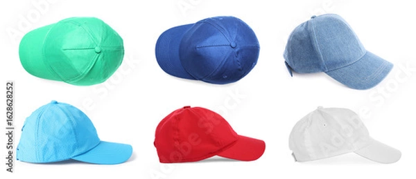 Fototapeta Baseball caps in different colors isolated on white, set