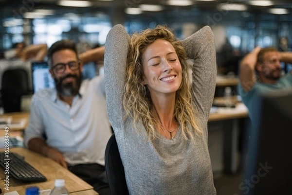 Obraz Relaxation time for colleagues in a modern office setting during work hours