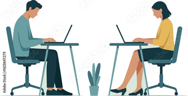 Fototapeta Modern People Working on Laptops Featuring Office Desks and Plant in a Minimal Setting