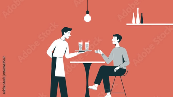 Fototapeta Happy Customers Featuring a Waiter Serving Drinks in a Modern Restaurant