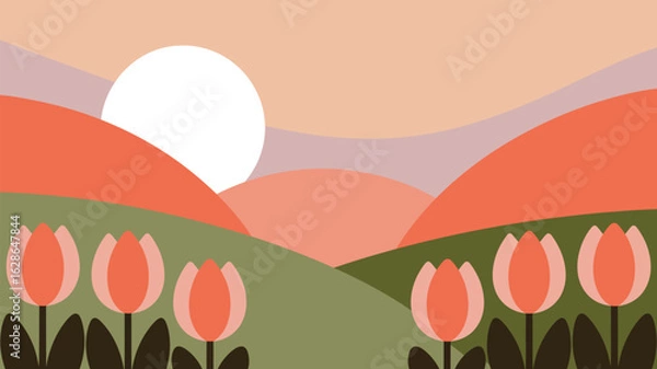 Fototapeta Cheerful Tulips in a Minimalist Landscape Featuring Rolling Hills and a Rising Sun