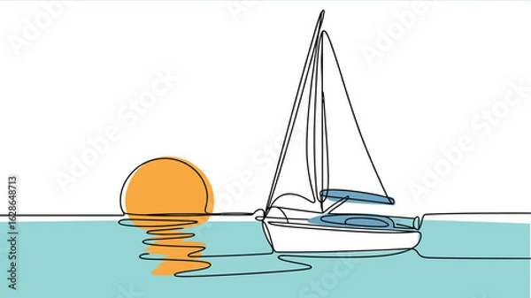Fototapeta Minimalist Line Drawing of a Sailboat at Sea with a Vibrant Sun, Isolated