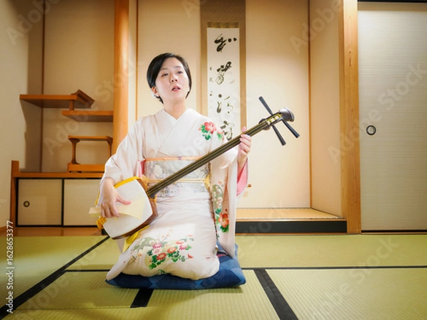 Obraz 着物で三味線を演奏する女性