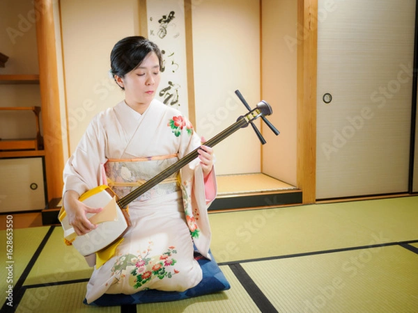 Obraz 着物で三味線を演奏する女性