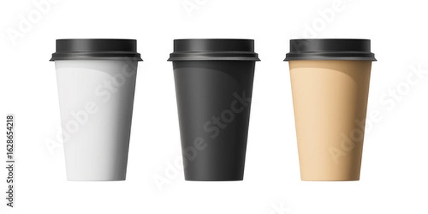 Fototapeta Three medium-sized paper cups with a black lid with coffee on a white background. Mock up. 3d rendering