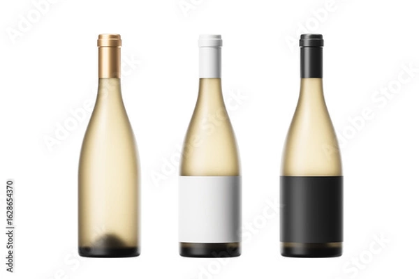 Fototapeta Three bottles of white wine with different labels on a white background. Mock up. 3d rendering