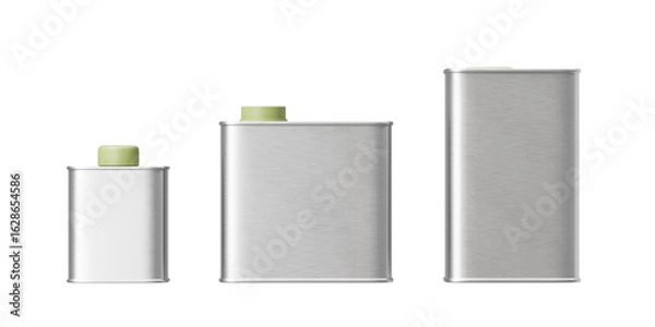 Fototapeta Three metal cans of different sizes for oils on a white background. Mock up. 3d rendering