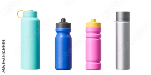 Fototapeta A set of sports water bottles for sports drinks on a white background. Mock up. 3d rendering