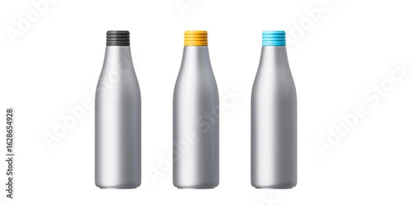 Fototapeta Metal beverage bottle with colorful caps on a white background. Mock up. 3d rendering