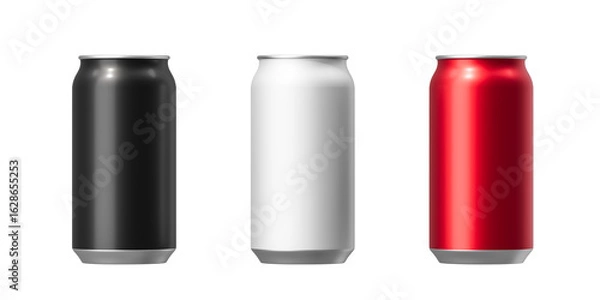 Fototapeta Multi colored metal cans for carbonated drinks on a white background. Mock up. 3d rendering