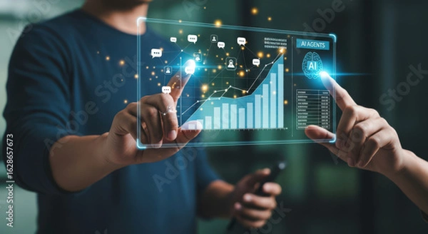 Fototapeta Analyzing AI Agents and Data Trends A Futuristic Business Strategy with Interactive Touchscreen Technology for Growth and Innovation in the Digital Age