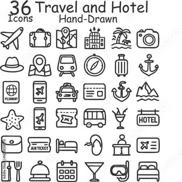 Fototapeta 36 Hand-Drawn Travel  Hotel Icons: Holiday, Vacation, Tourism, Transport  Accommodation