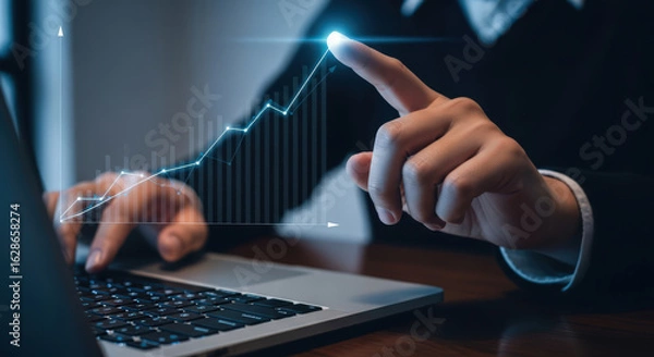 Fototapeta Analyzing Business Growth Trends A Businessman's Hand Points to an Ascending Graph on a Laptop Screen Representing Financial Success and Market Expansion Strategy