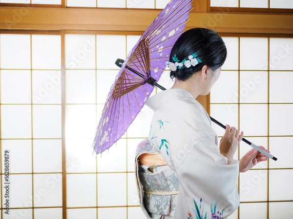 Obraz 和傘と着物の女性
