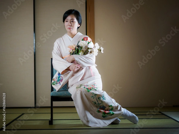 Obraz 花と着物の女性